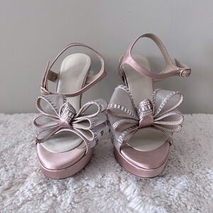 Valentino Blush Pink Satin Crystal Embellished Mesh Bow Platform Sandals